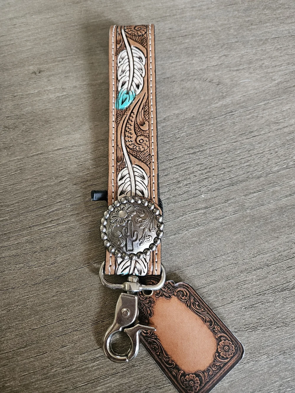 Handcrafted Brown Leather Feather Wristlet Keychain with Turquoise Accent-NWT